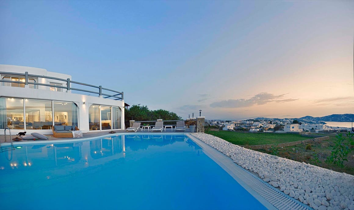 view of villa for rent in mykonos - serenna villa casa bianco luxury pool