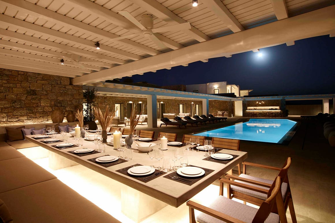 blue pearl outdoor area by night - billionaire club mykonos