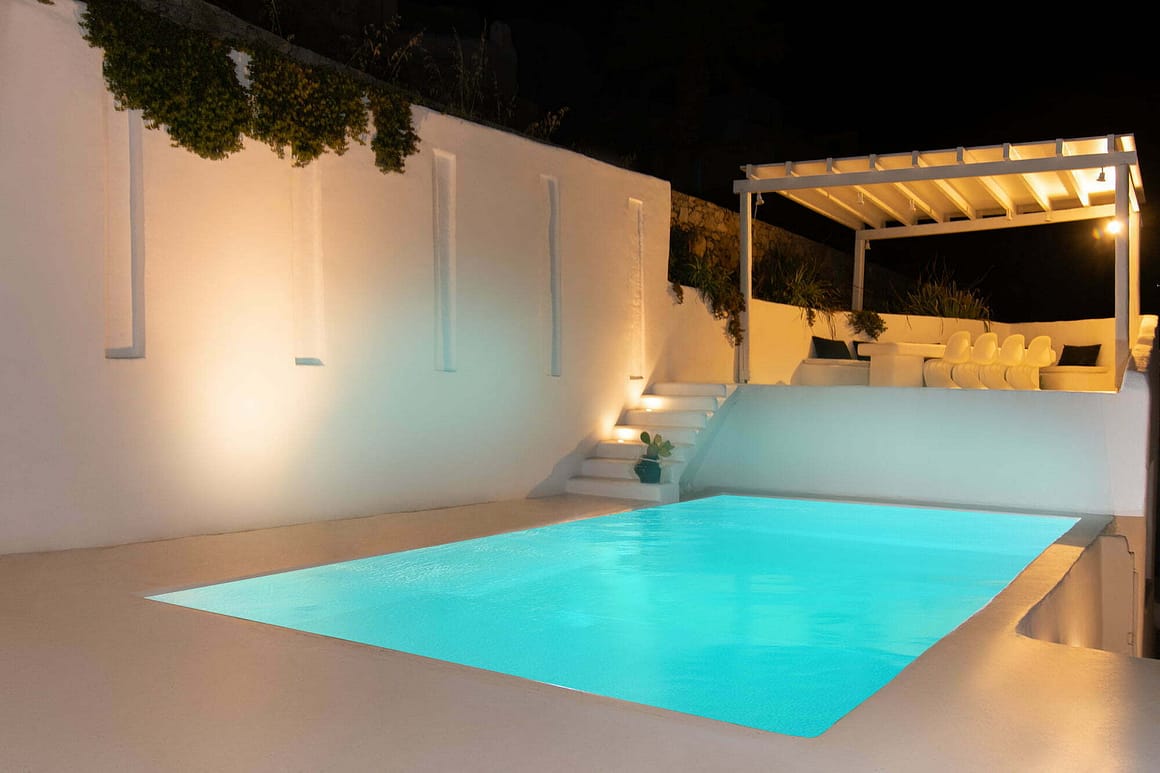 white blue villa mykonos aquablue - pool luxury view