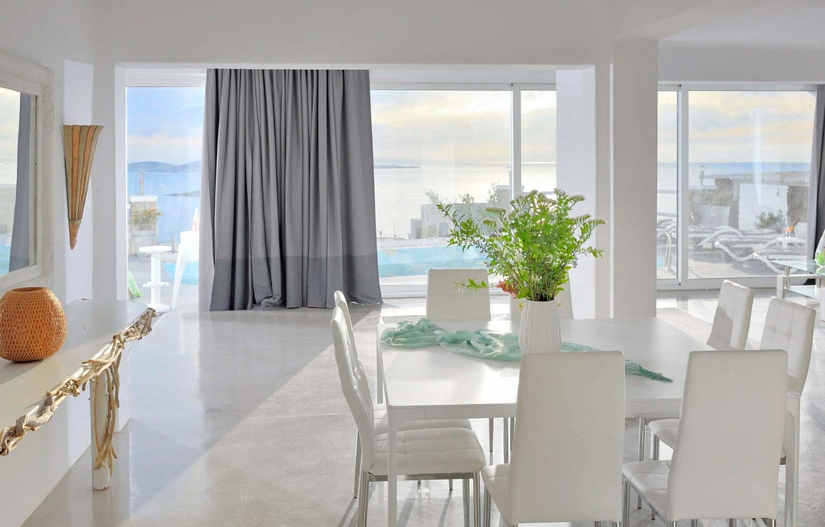view of villa for rent in mykonos - serenna villa casa bianco living room