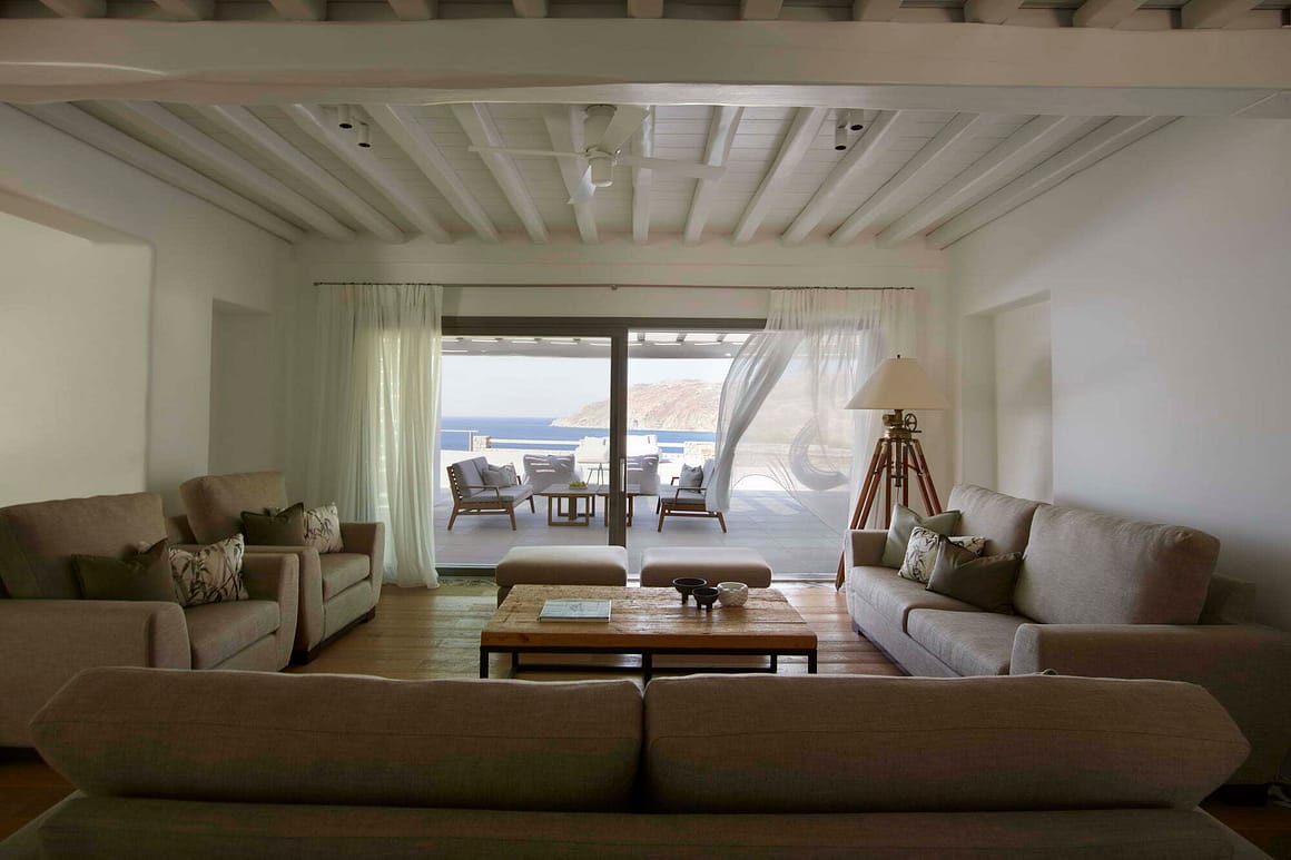 sofa - billionaire club mykonos villas - living room - blue emerald
