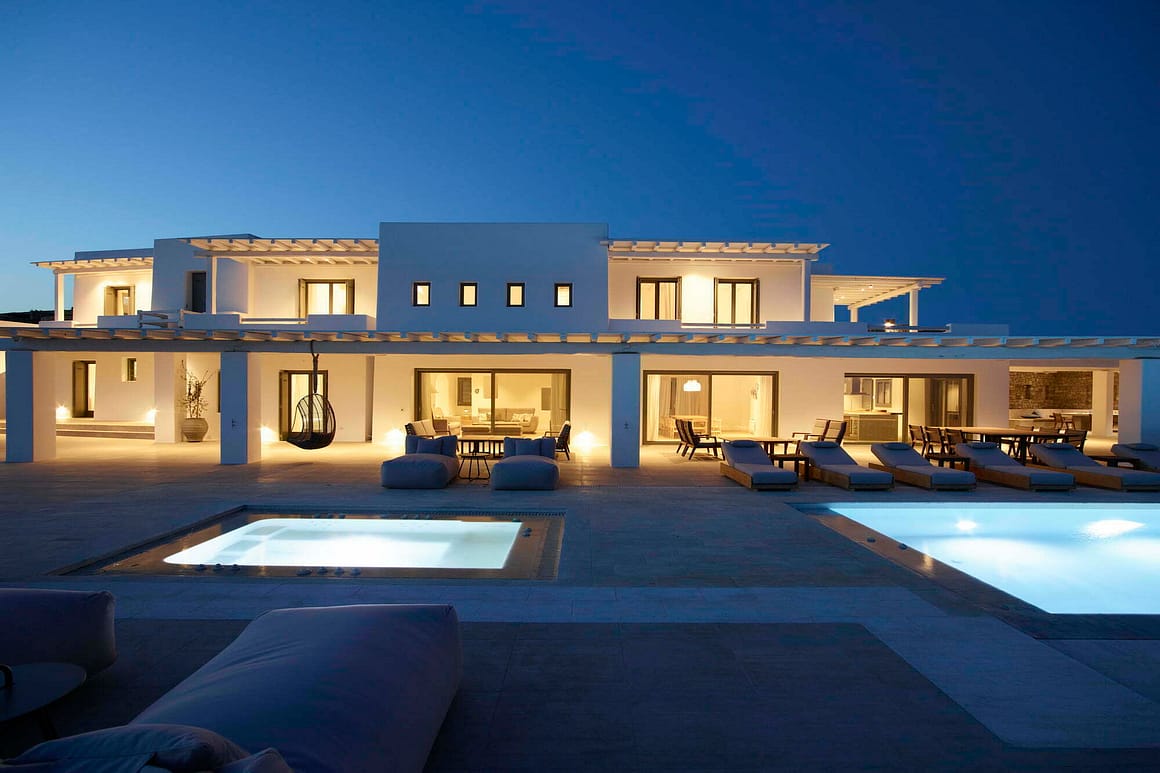 night - luxury blue emerald villa mykonos