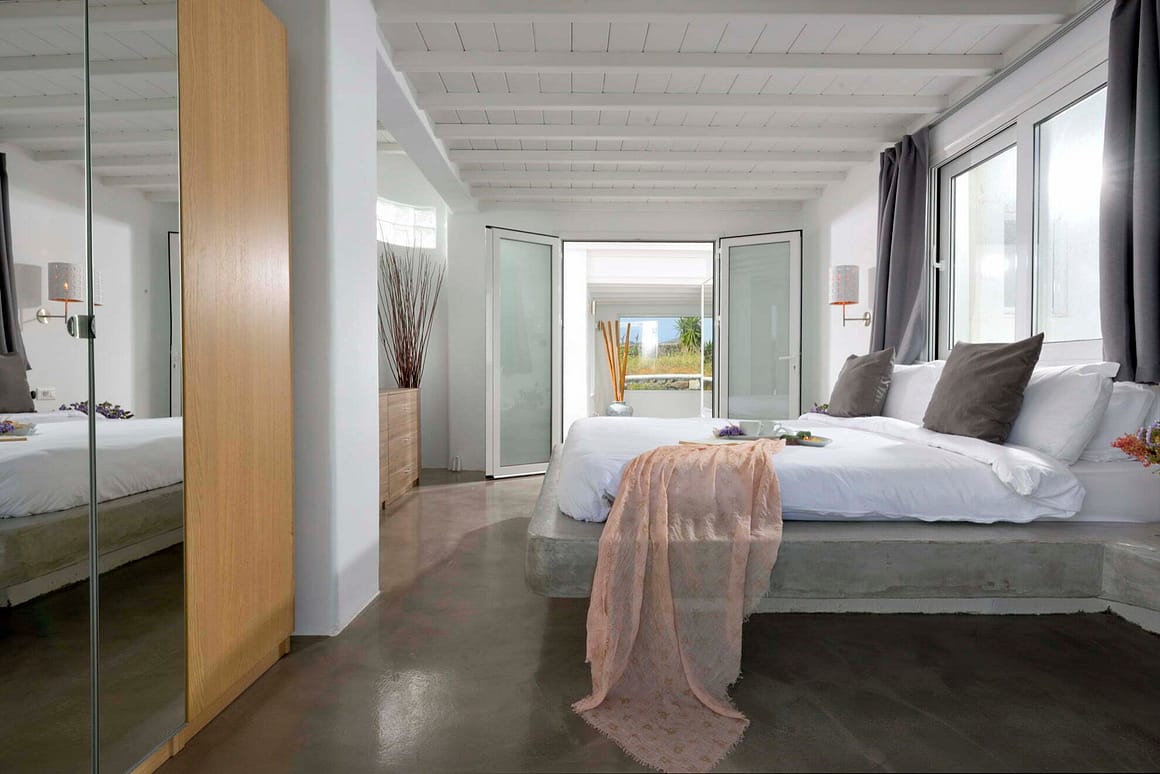 view of villa for rent in mykonos - serenna villa casa bianco bedroom