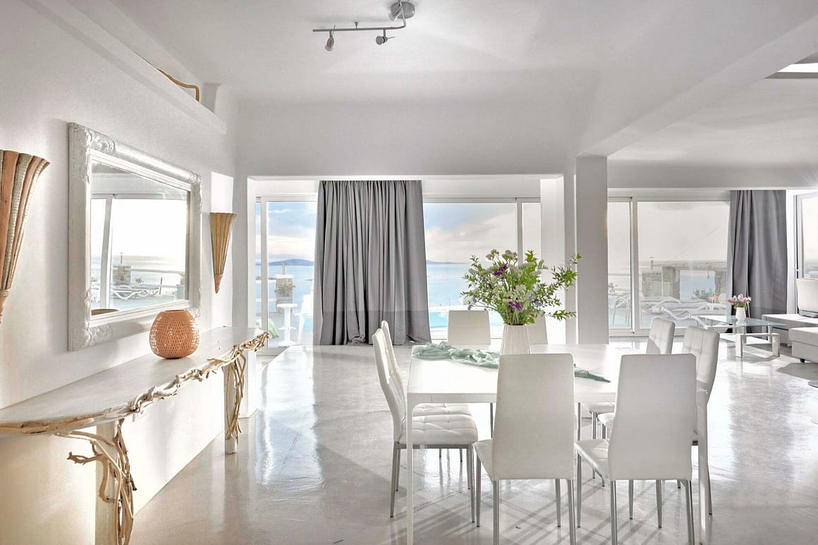 view of villa for rent in mykonos - serenna villa casa bianco living room luxury