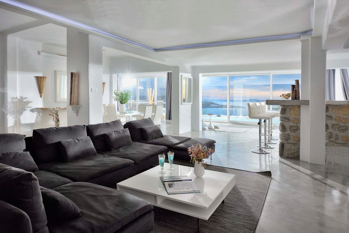 view of villa for rent in mykonos - serenna villa casa bianco living room luxury 2